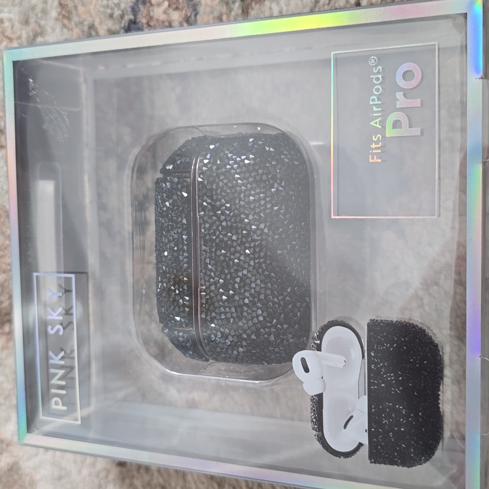 PINK SKY BRAND SPARKLING BLACK EAR BUDS CASE FITS AIR PODS PRO
